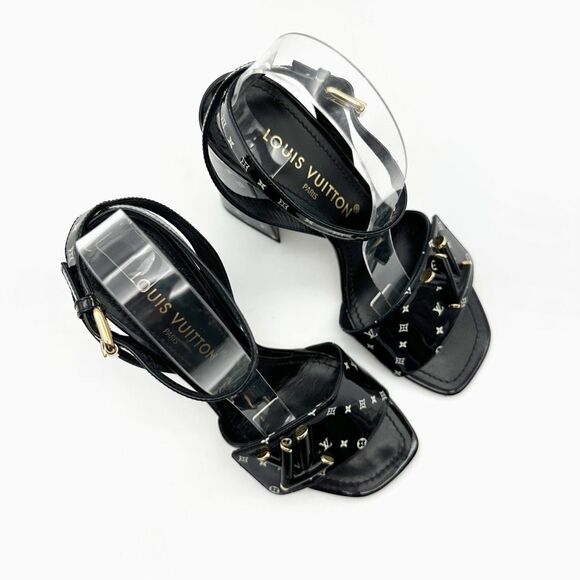 LOUIS VUITTON Shake Black LV Turnlock Block Heel Sandal Size 37.5 Printed Patent - Picture 2 of 12